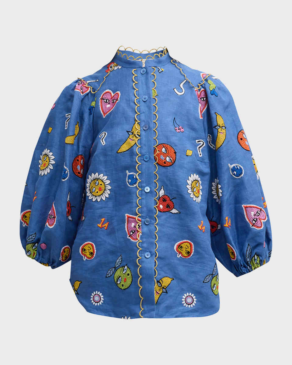 Mixed Emoji Embroidered Linen Shirt Jacket